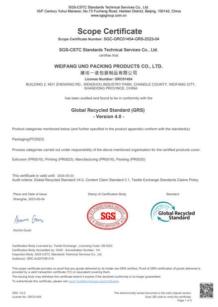 La Cina WEIFANG UNO PACKING PRODUCTS CO.,LTD Certificazioni