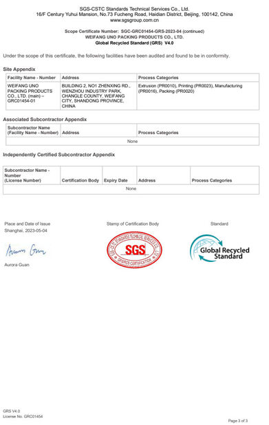 La Cina WEIFANG UNO PACKING PRODUCTS CO.,LTD Certificazioni